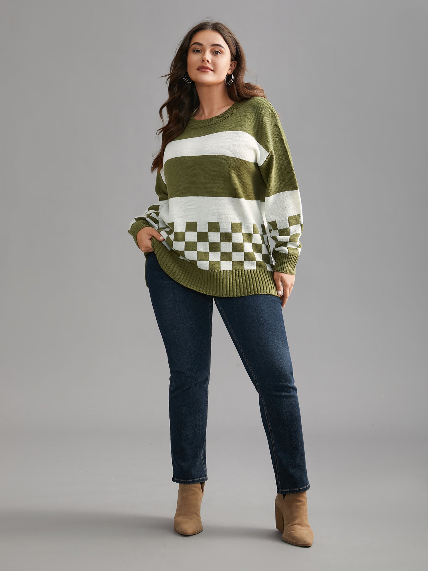 Colorblock Contrast Round Neck Split Hem Pullover