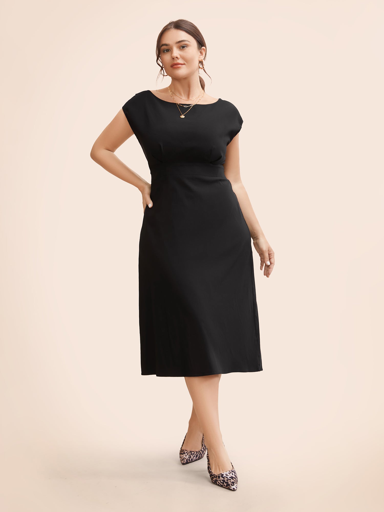 Stretch Woven Cowl Neckline Midi Dress