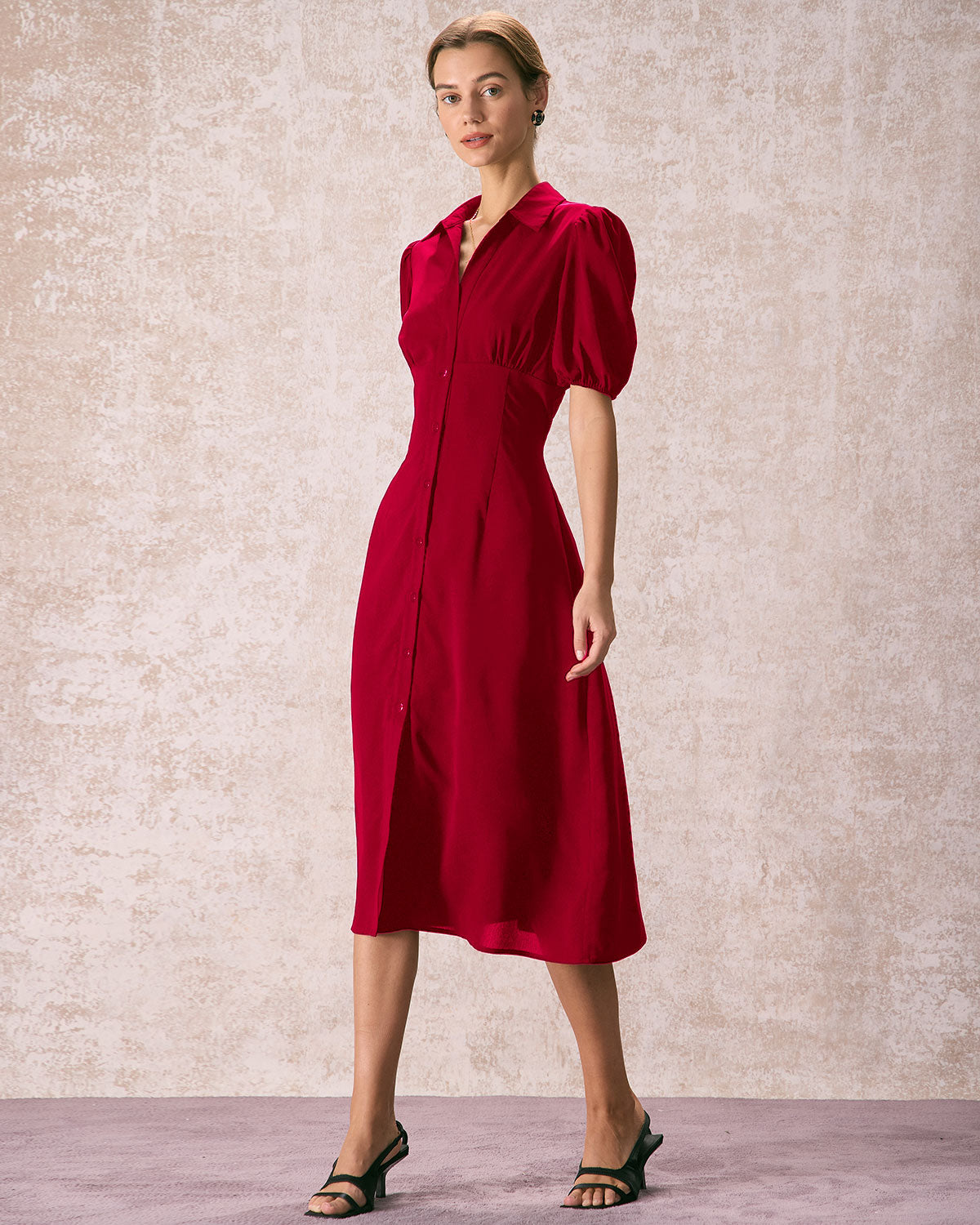 The Red Lapel Button Puff Sleeve Midi Dress
