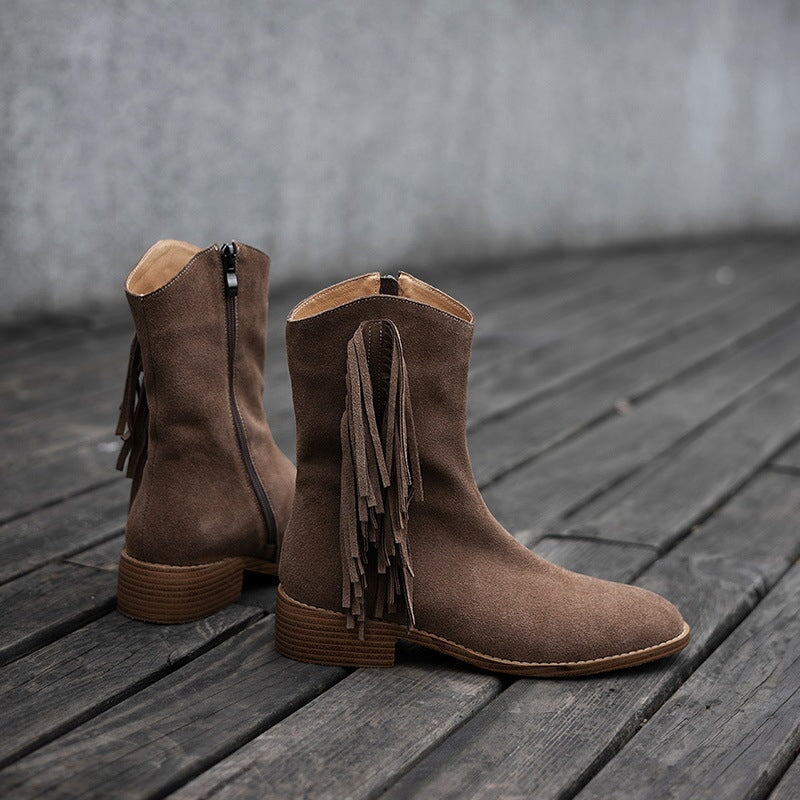 Women's Nubuck?Leather Mid Calf Tassels Boots With Side Zipper In Camel/Khaki