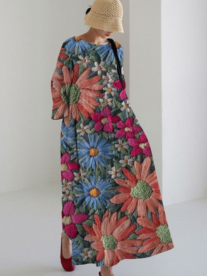 Women's Vintage Embroidered Floral Print Casual Loose Dress