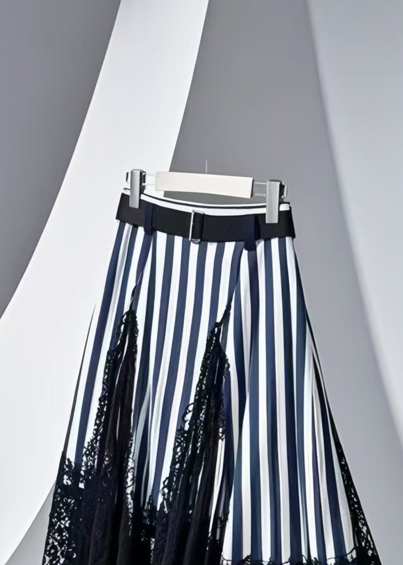 Modern Navy Striped Patchwork Lace Skirt Summer