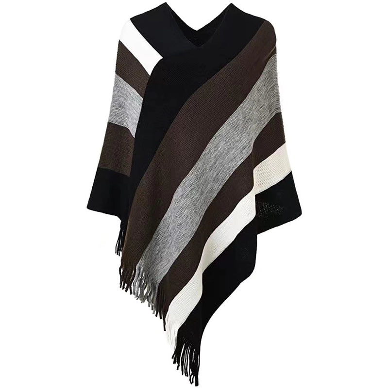 Women's Popular Pullover Cape Knitted Fashionable Color Matching Autumn And Winter Color Stripe Tassel Cape