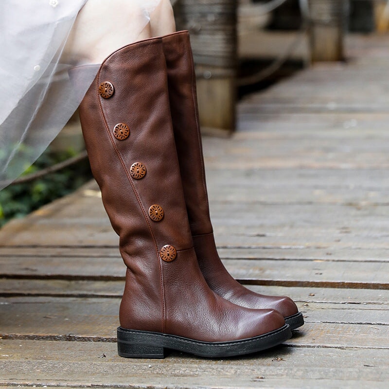 Women Leather Handmade Knee-Length Boots With Ziper Low Heel in Grey/Coffee