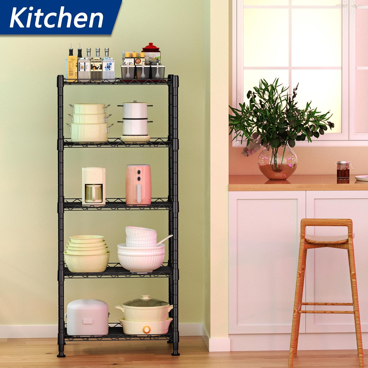 REGILLER 5-Wire Shelving Metal Storage Rack Adjustable Shelves.Standing Storage Shelf Units for Laundry Bathroom Kitchen Pantry Closet(Black.11.8 D x 16.6 W x 53.5 H)