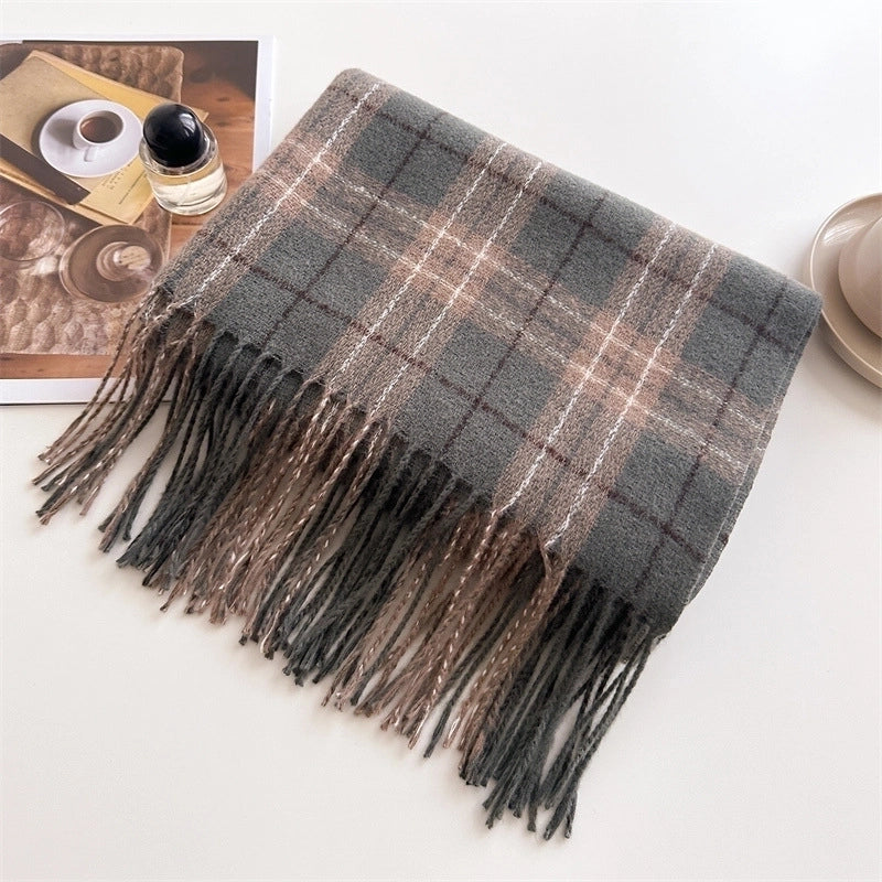 Sweet Fresh Cashmere-like Versatile Lattice Warm Shawl Scarf Unisex Autumn And Winter Fashion Tassel Scarf
