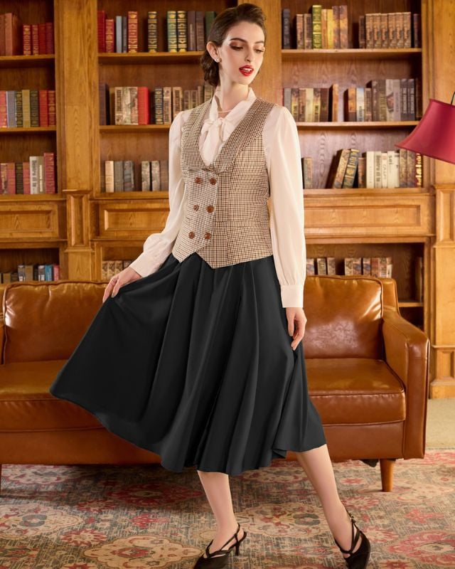 Vintage Skirts with Side Slit High Waisted Midi A-Line Flowy Skirts with Pockets