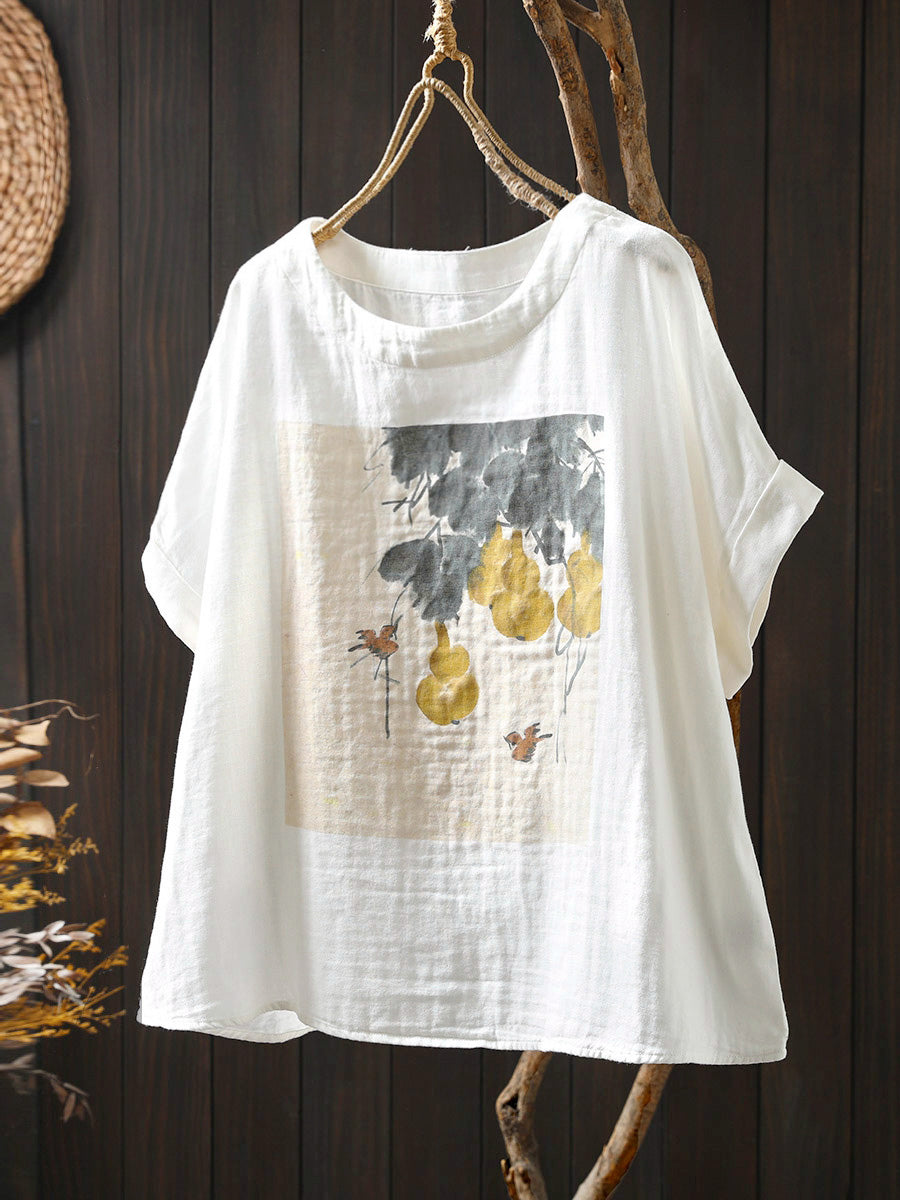 Plus Size Women Summer Casual Print O-Neck Cotton Shirt