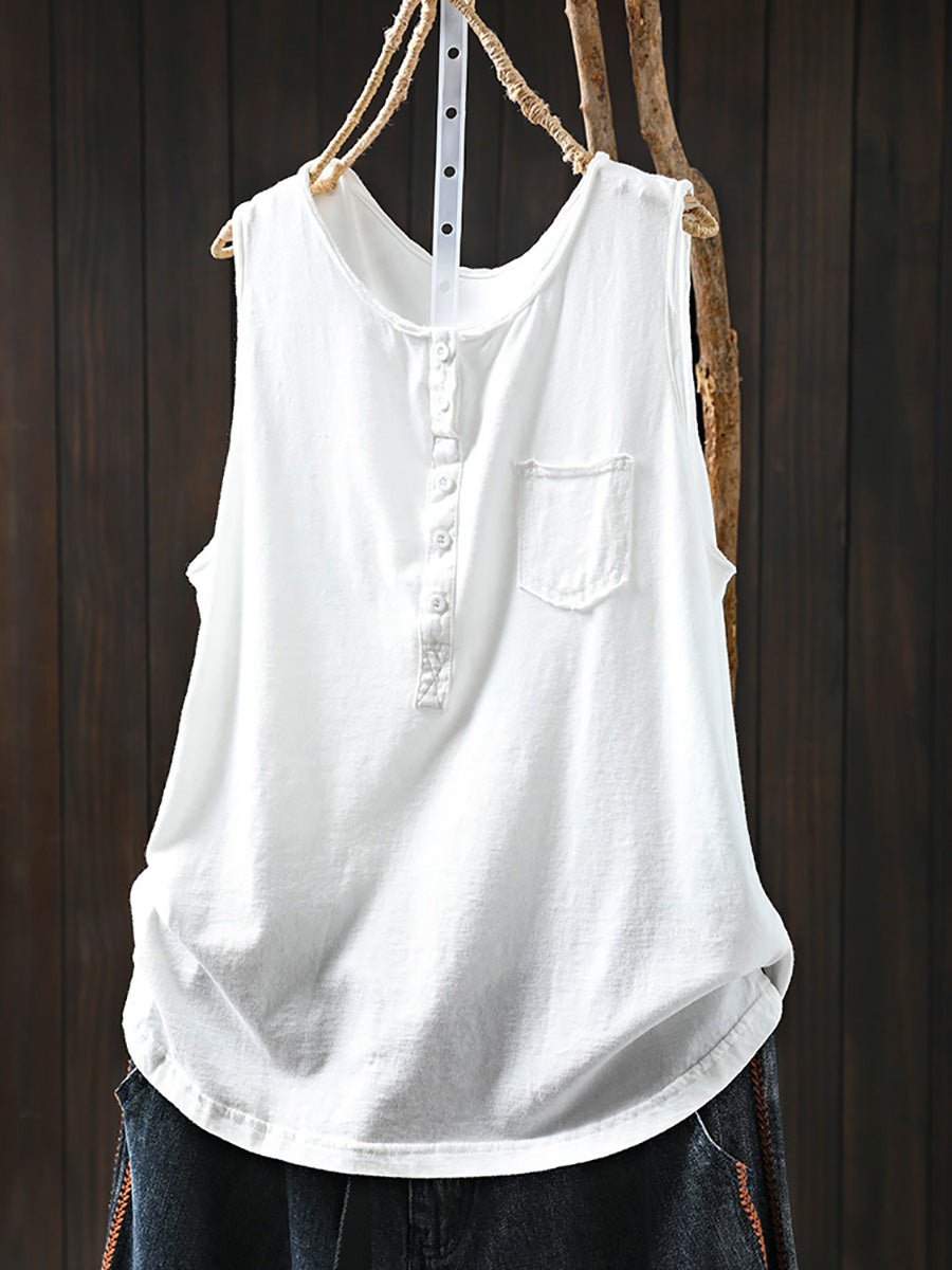 Women Summer Casual Pure Color O-Neck 100%Cotton Vest