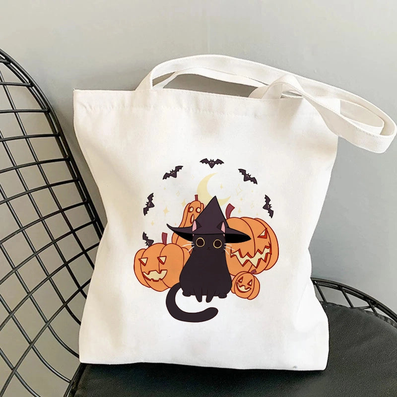 Halloween Unisex Canvas Animal Pumpkin Letter Streetwear Square Open Shoulder Bag Canvas Bag