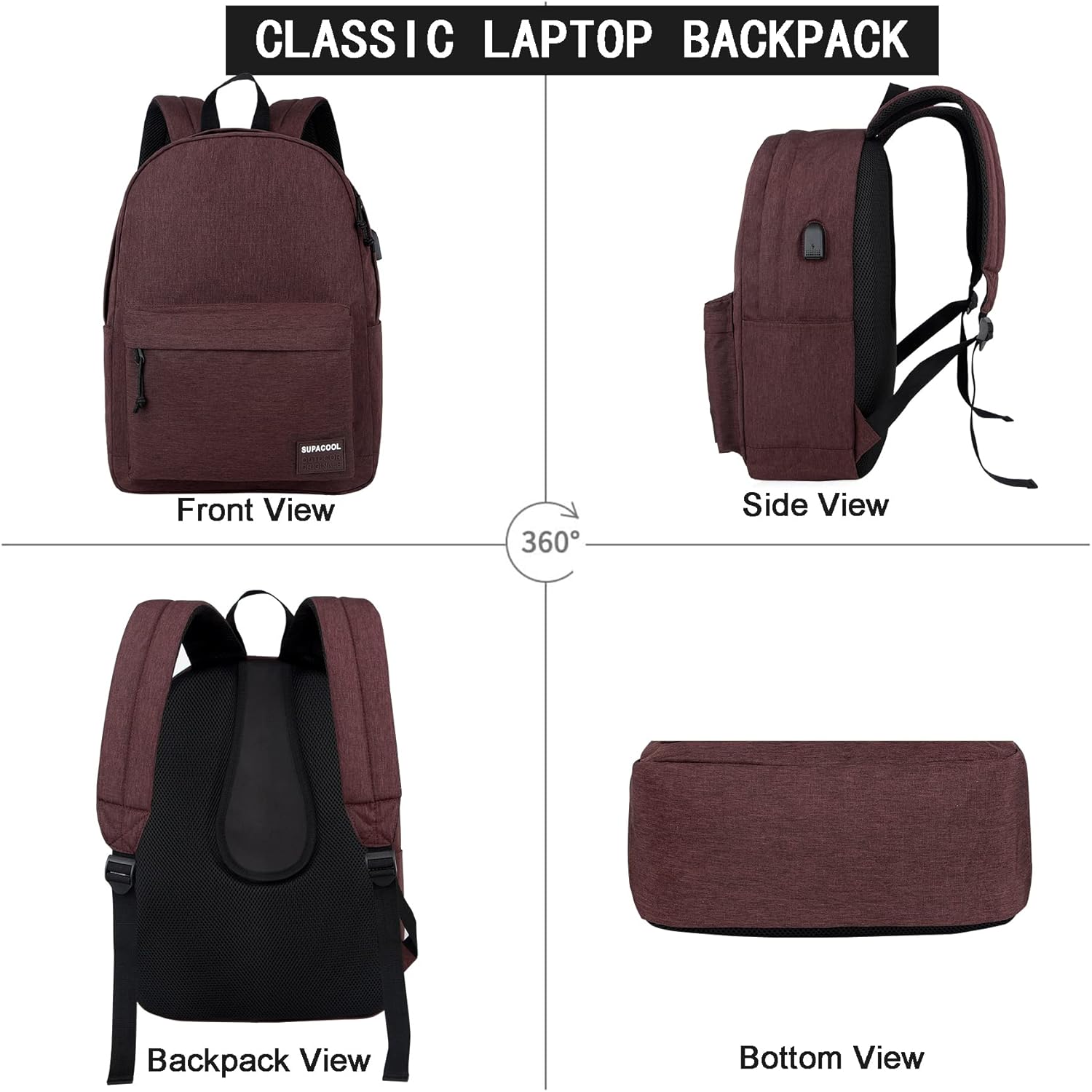 SUPACOOL Casual Laptop Backpack for Men and Women, School Backpack for Boys and Girls, College Bookbag, USB Charging Port, Lightweight Back Pack(Black)
