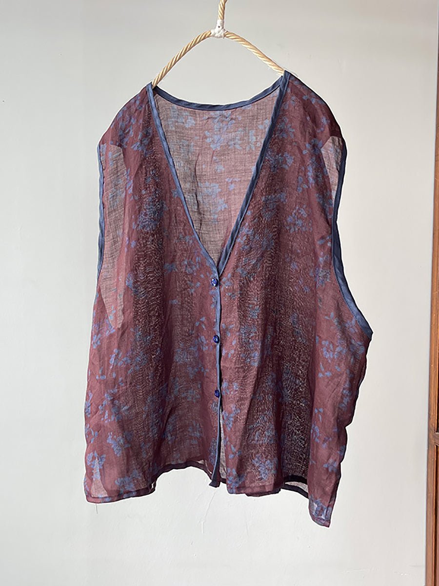 Women Vintage Floral Print Ramie Vest