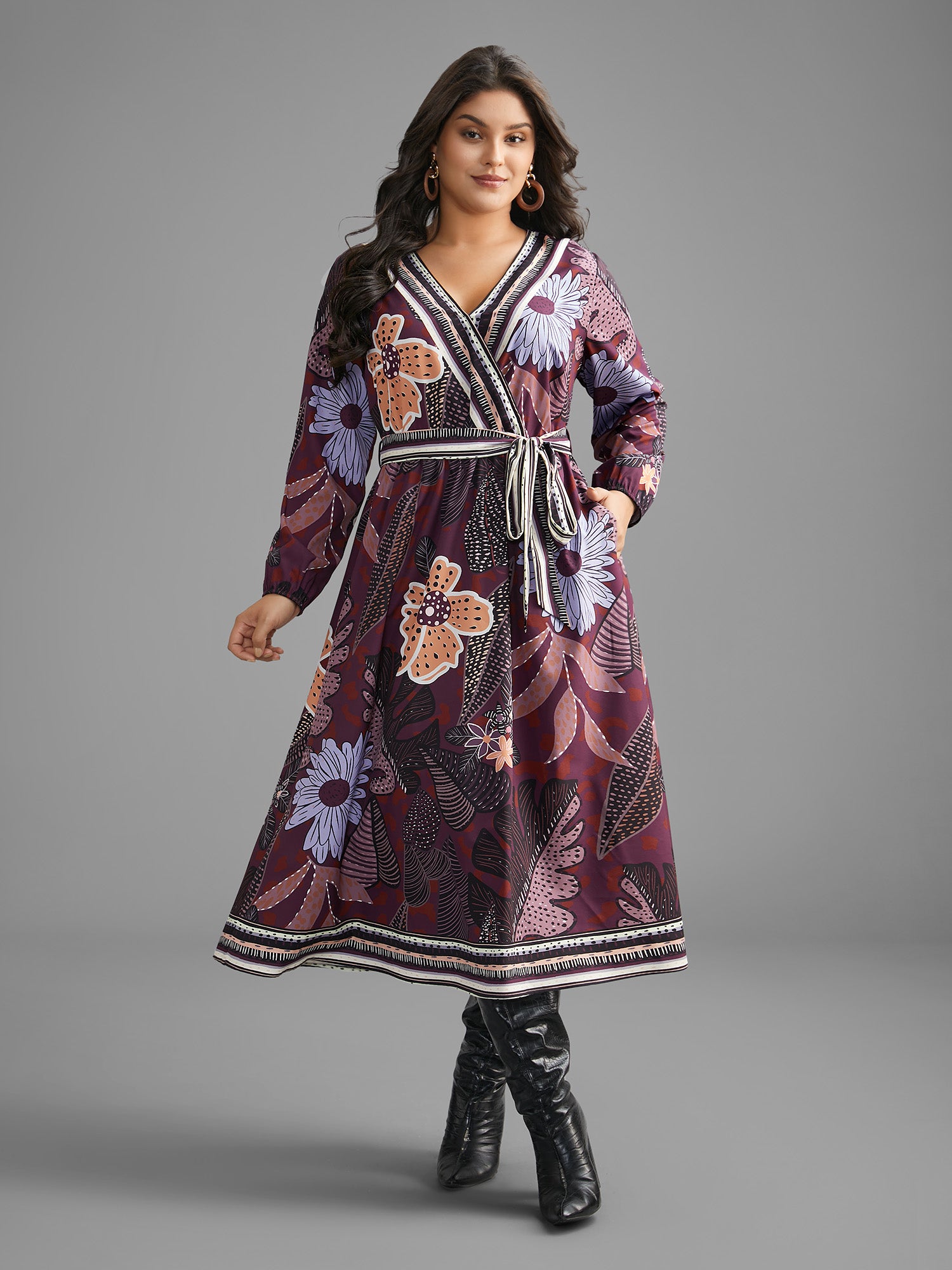 Boho Print Belted Lantern Sleeve Dress