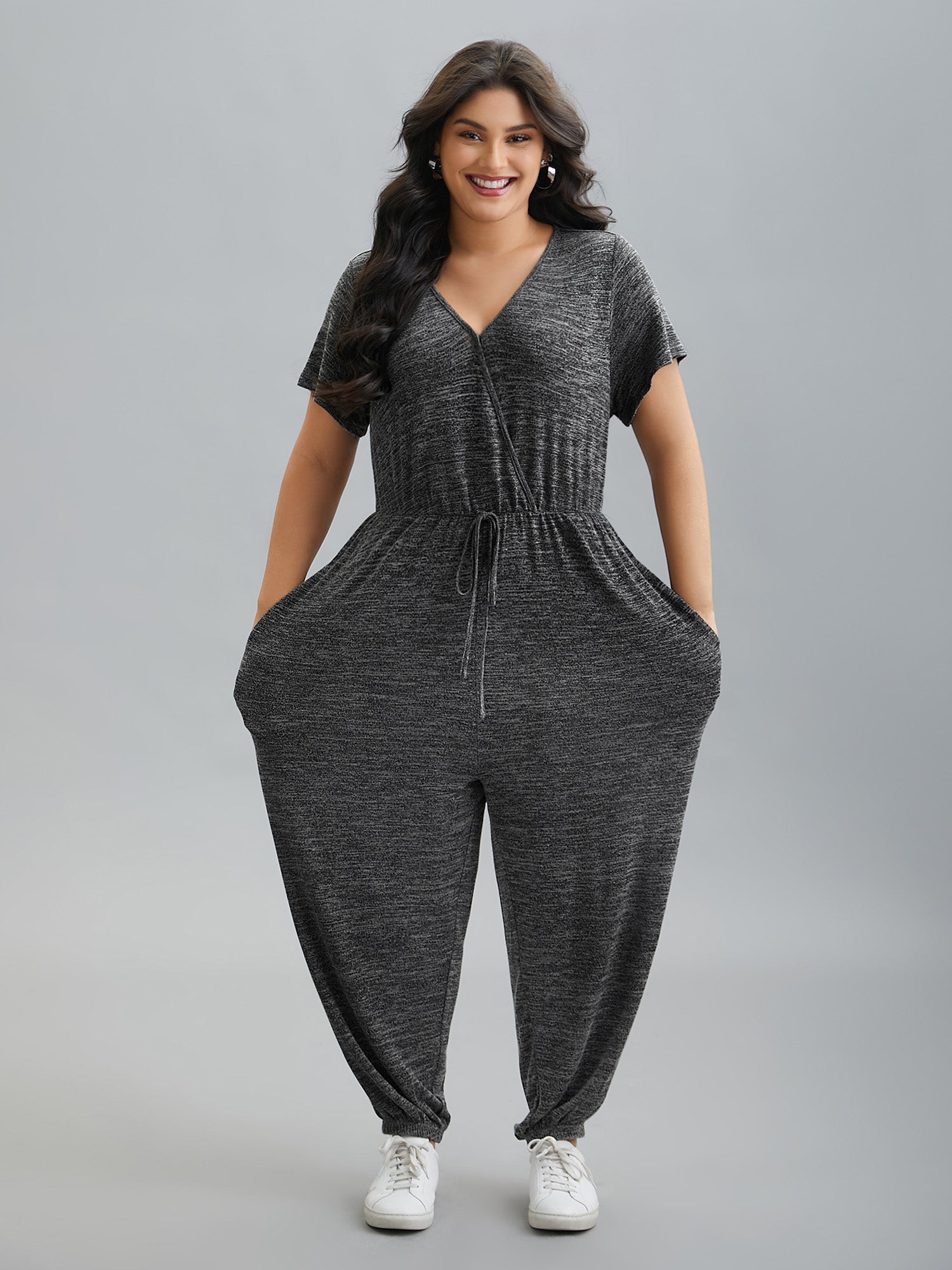 Plain Wrap Drawstring Pocket Jumpsuit