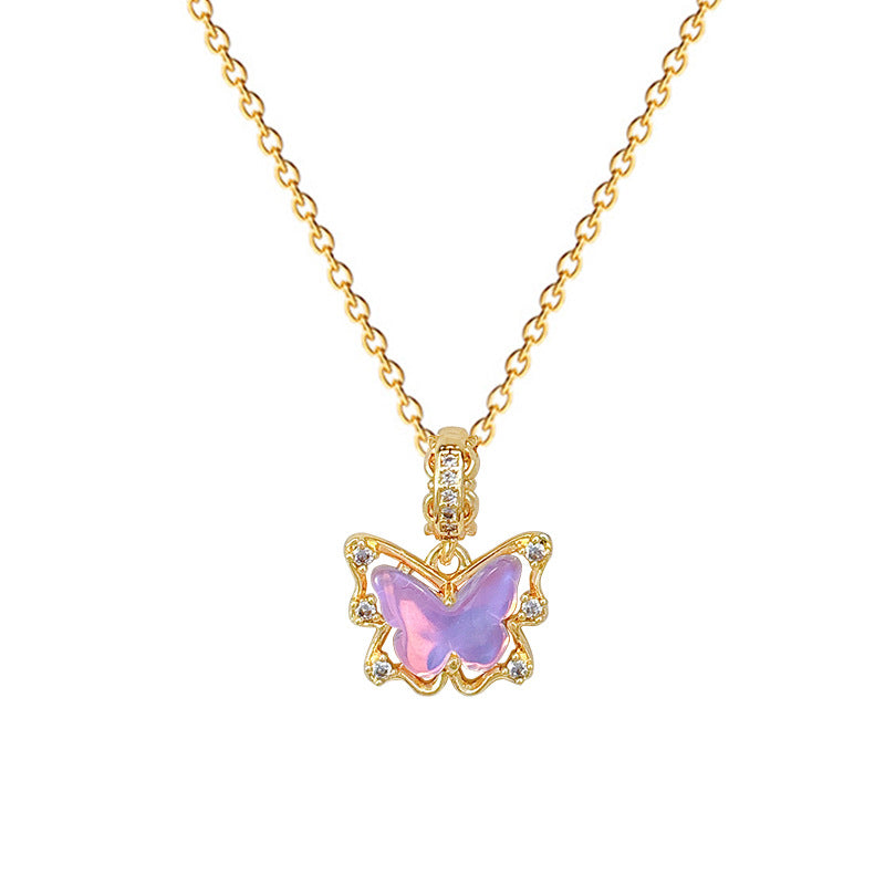 Pink Butterfly Zircon Gorgeous Full Diamond Necklace Female Versatile Clavicle Chain Titanium Steel Chain