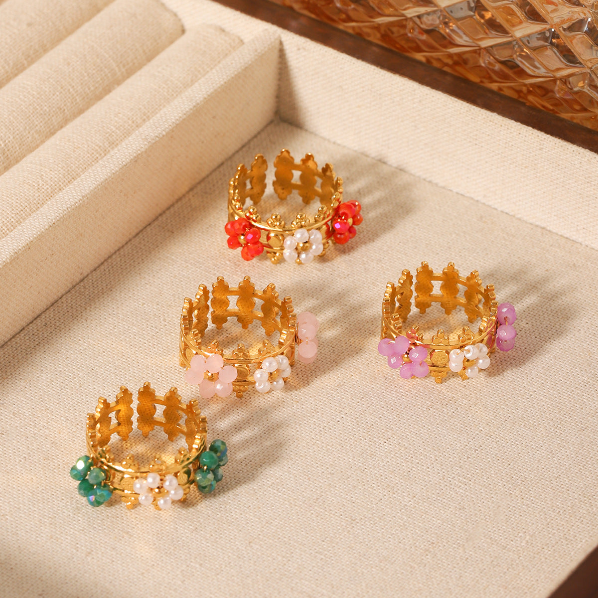 Retro Stainless Steel Crown Beaded Flower Ring Titanium Steel Ring Female Hand Jewelry