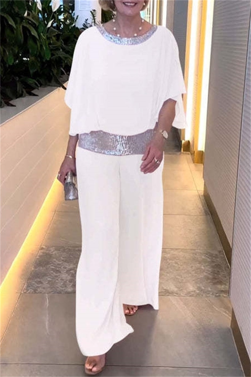 Casual Solid Color Sequins Patchwork O Neck Half Sleeve Two Pieces