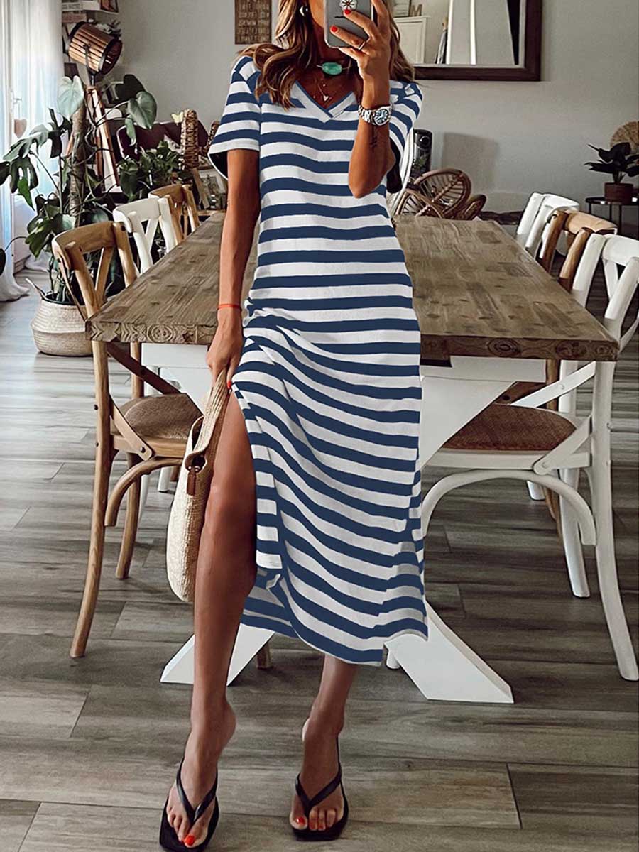 Striped printed v-neck long skirt
