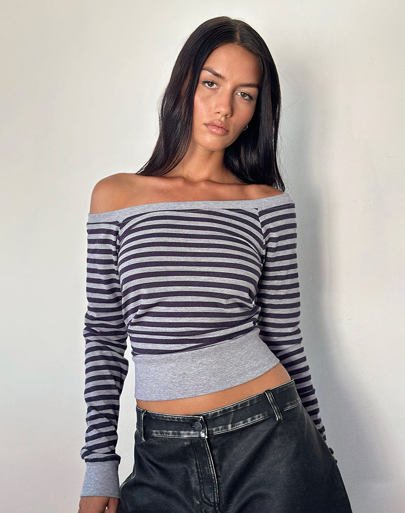 Yacin Slouchy Top in Grey and Black Stripe