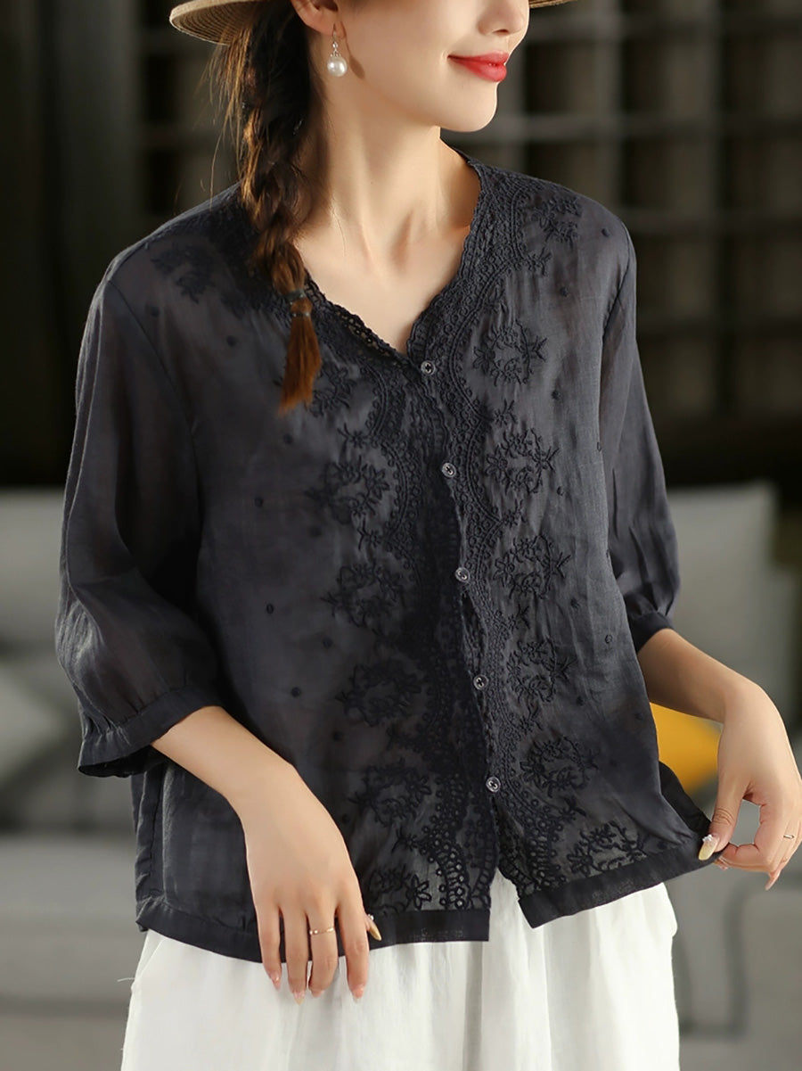 Women Summer Vintage Embroidery V-neck 100%Raime Shirt