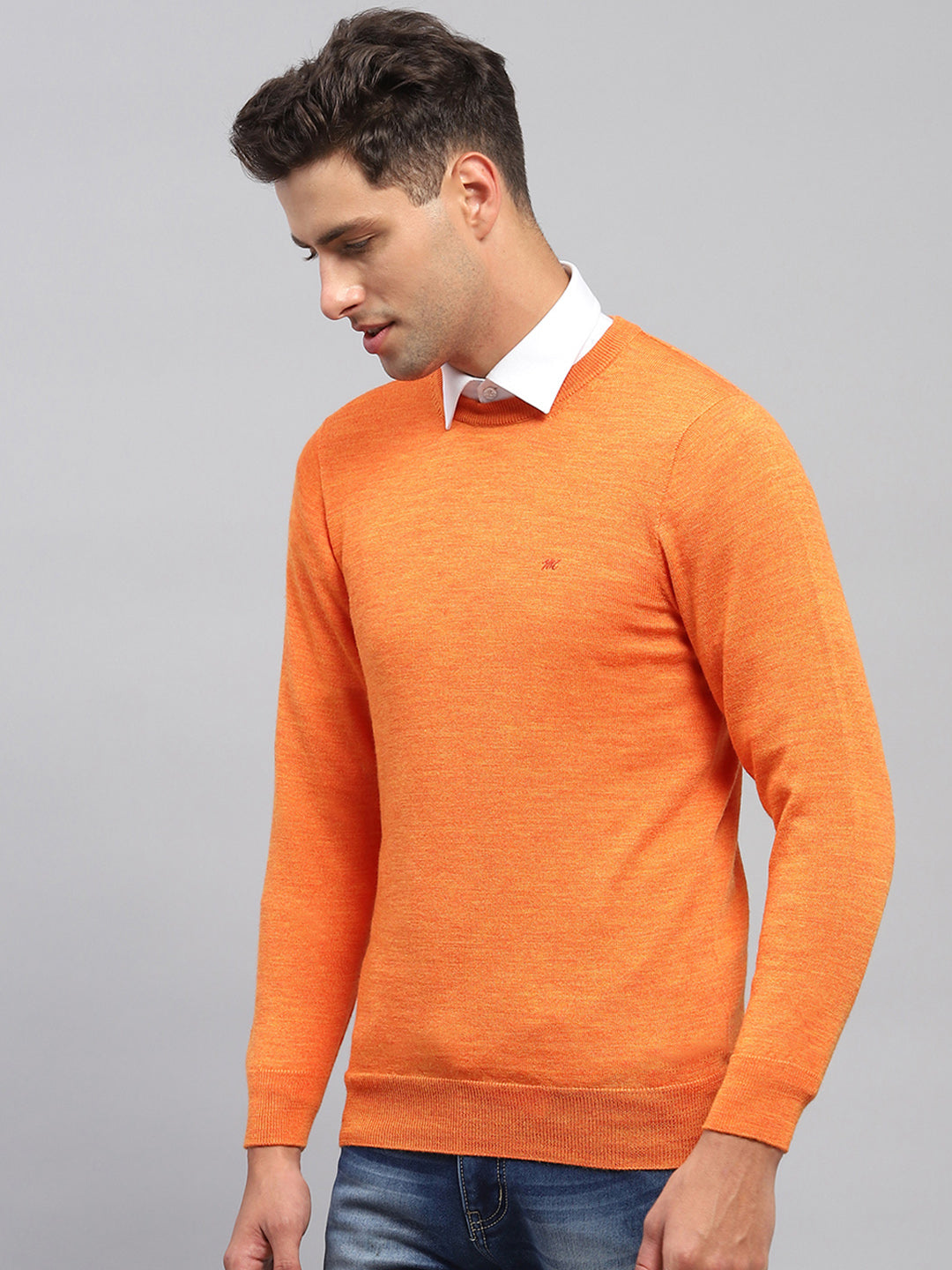 Men Orange Solid Round Neck Full Sleeve Pullover