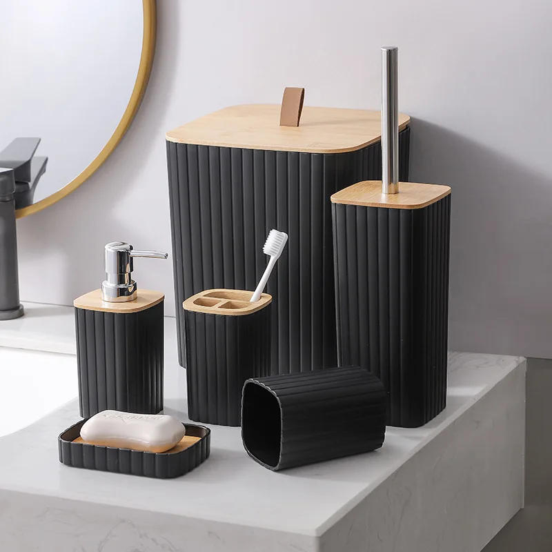 Eco-friendly  Bamboo Plastic Bathroom Sets Luxury vanity Household Items Modern Washroom Toilet Bathroom Accessories Set