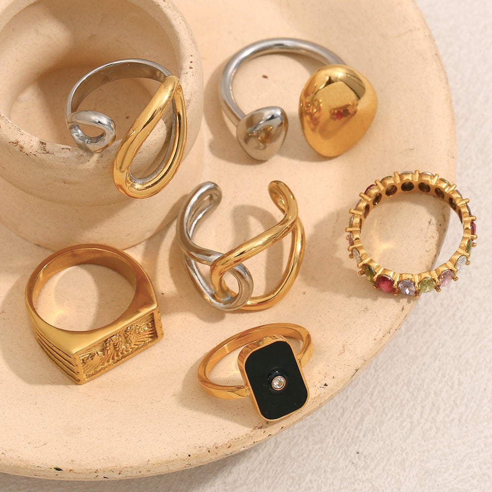Ins Fashion Niche Design Personality Hand Jewelry Stainless Steel Plated 18K Gold Two-Color Geometric Snake Ring Female