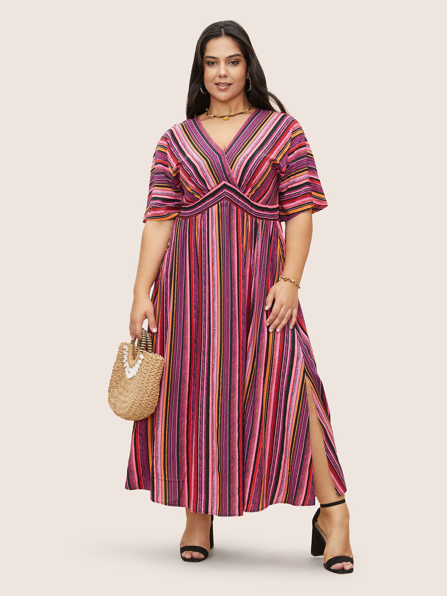 Striped Contrast Dolman Sleeve Shirred Pocket Split Flutter Dress