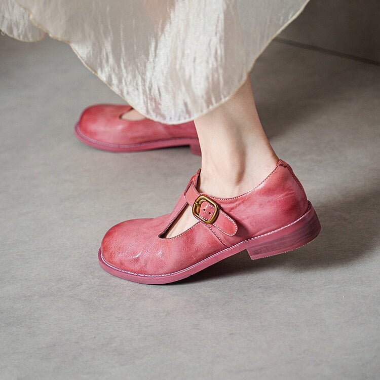 Vintage Washed Horse Leather Round Toe T-Strap Mary Jane Shoes Pink/Yellow/Black