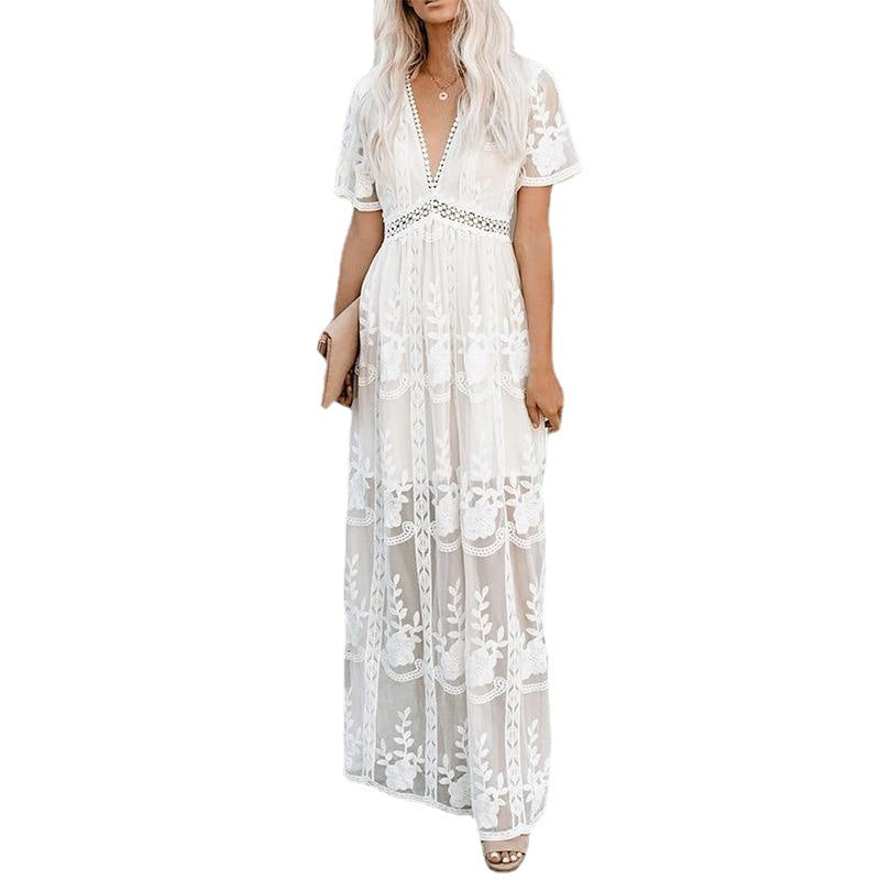 Boho Dress for Women|Bohemian Dress|Midi Boho Dress| Summer Lace Embroidery Long Sleeve V-neck White Chiffon Dress Lady mesh Patchwork Boho Dresses|Wedding Guest Dress