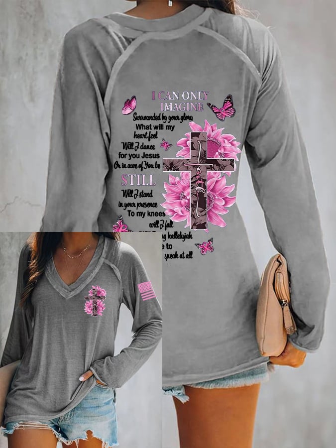 Womens Sunflower Jesus Cross Butterfly I Can Imagine Breast Cancer Awareness Print Casual Long Sleeve T-Shirt