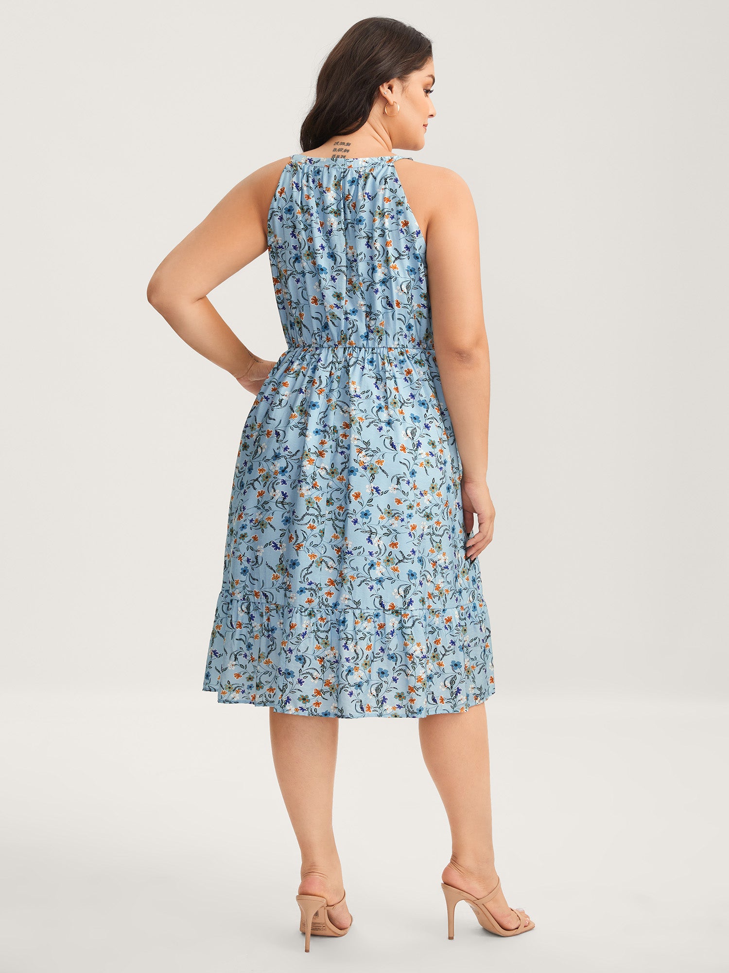 Floral Print Halter Neck Tiered Midi Dress