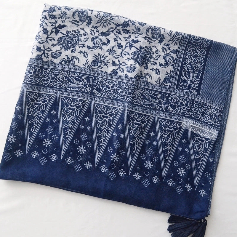 Women's Retro Ethnic Style Printing Cotton Tassel Scarf