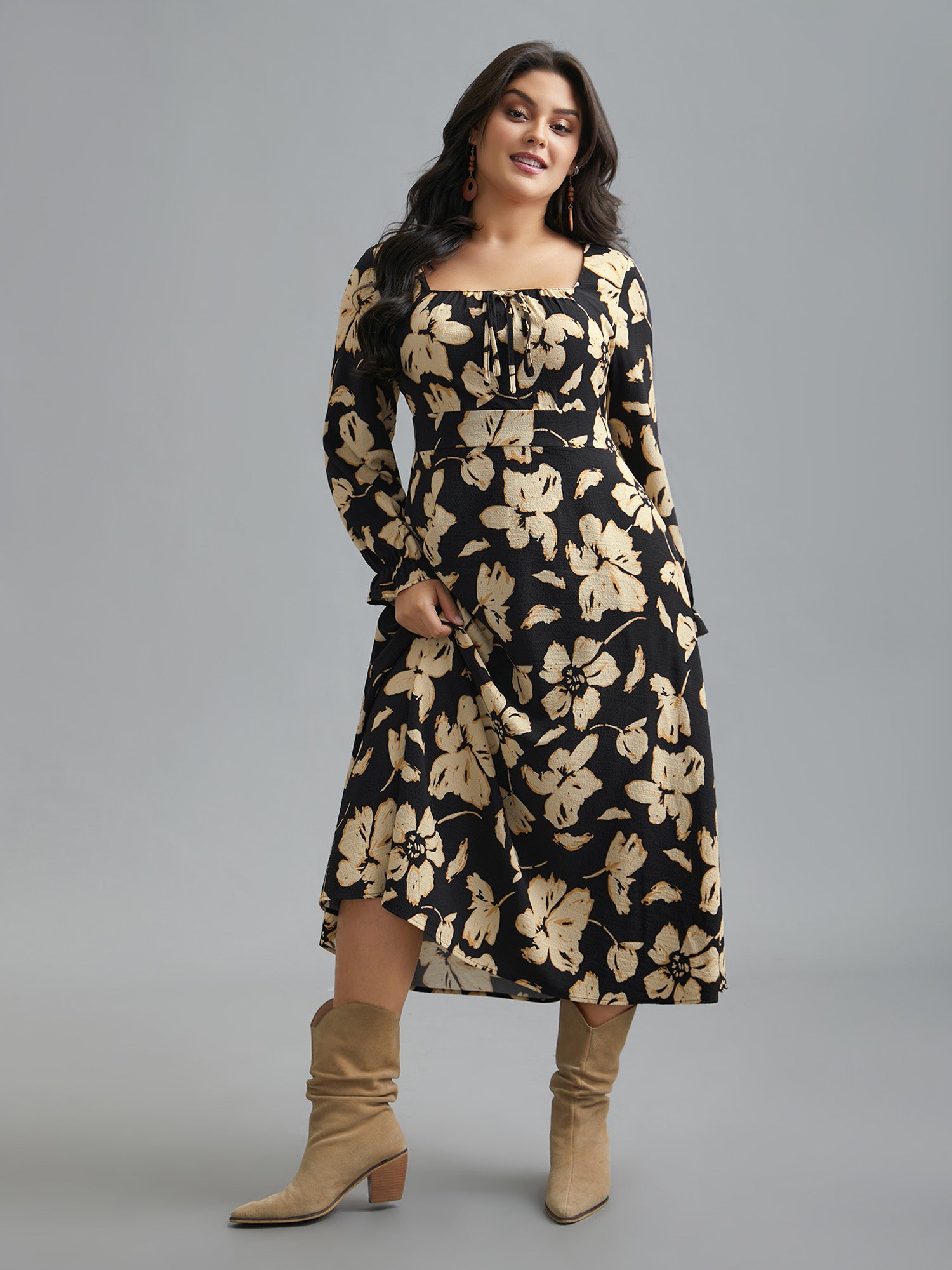 Square Neck Silhouette Flower Ruffled Dress