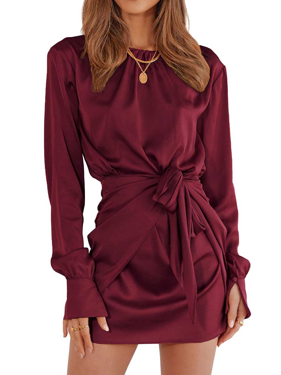 Long Sleeve Round Neck Tie Dress