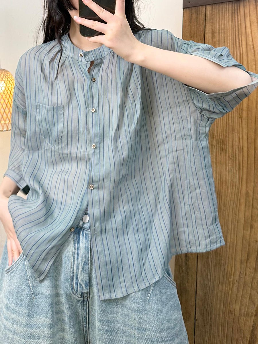 Women Summer Artsy Stripe Ramie Stand Collar Shirt