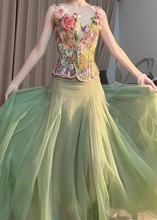 Fashion Green Floral Tops And Skirts Tulle Two Pieces Set Summer