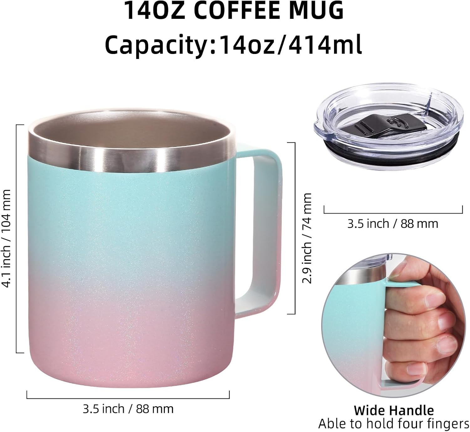 Volhoply 14oz Insulated Stainless Steel Coffee Mug with Leakproof Lid,Double Wall Vacuum Travel Coffee Cup with Handle,Reusable Metal Tumbler,Camping Mugs Keep Hot/Cold,Christmas Gifts(Black,1