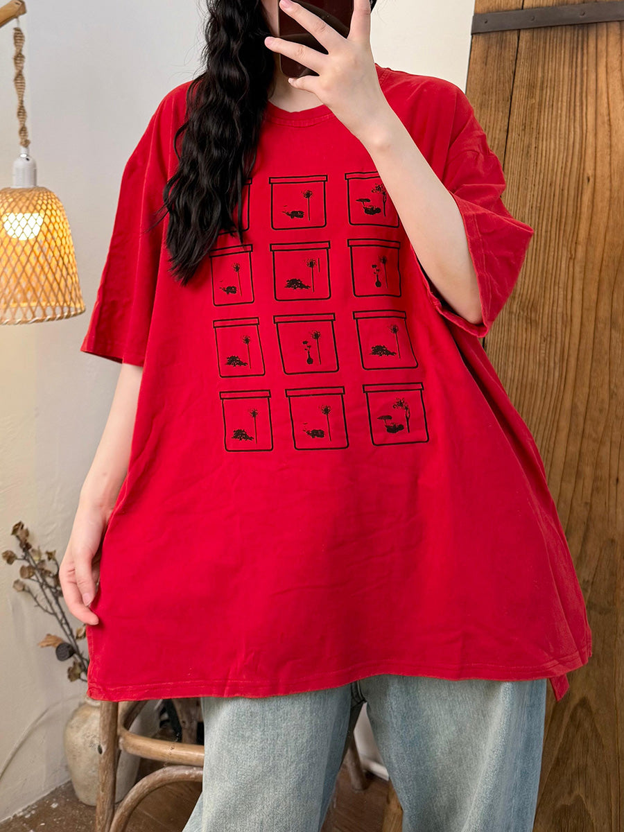 Women Summer Casual Cotton Print O-Neck Shirt