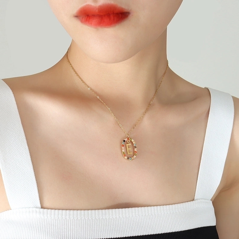 INS Style Letter Oval Titanium Steel Zircon 18K Gold Plated Inlay Necklace