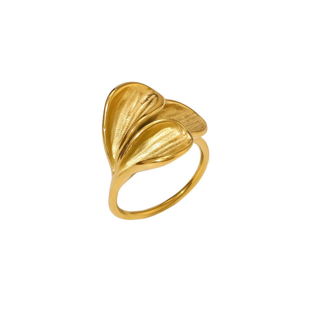 Exaggerated Style Titanium Steel Geometric Niche Pleated Three-Dimensional Petal Design Gold-Plated Ring Fashionable Women