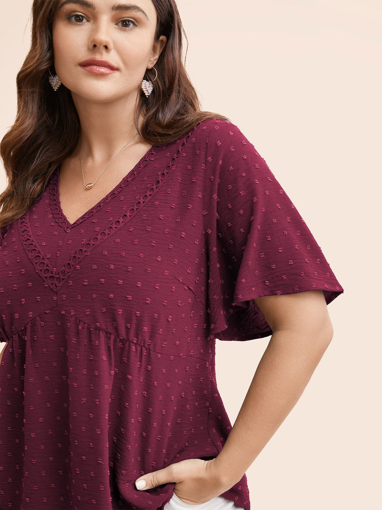 Polka Dot Frill Trim V Neck Flutter Blouse