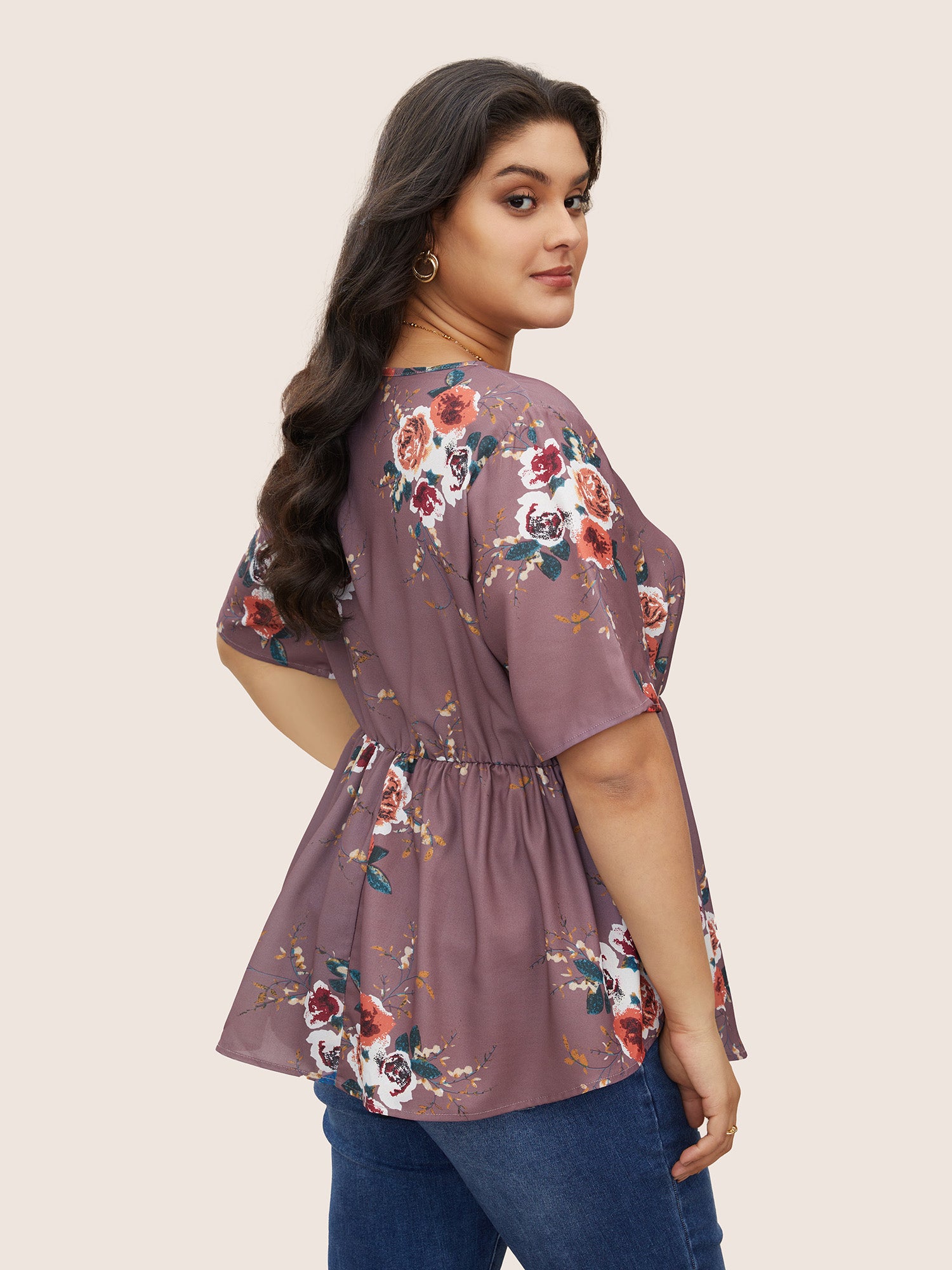 Floral Print Wrap Ruffles Asymmetrical Hem Blouse