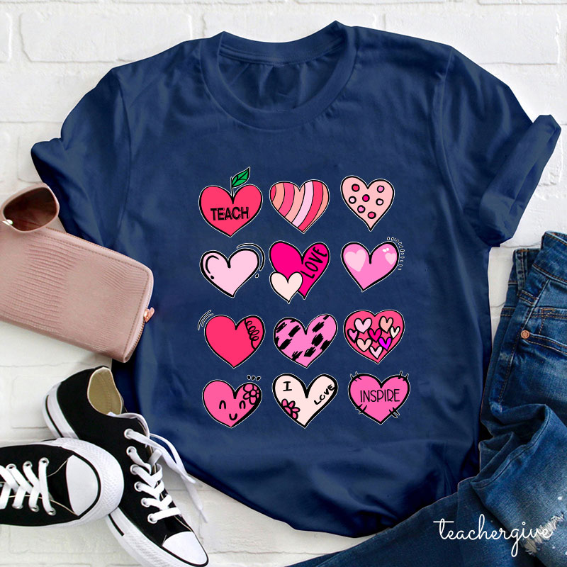 Cartoon Hearts Teach Love Inspire Teacher T-Shirt