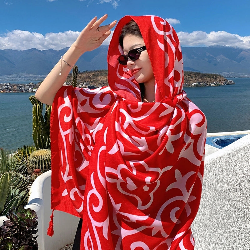 Silk Scarf Women's Summer Seaside Beach Sunscreen Shawl Scarf Dual-use  Long Ethnic Style Plus Size Travel Silk Scarf