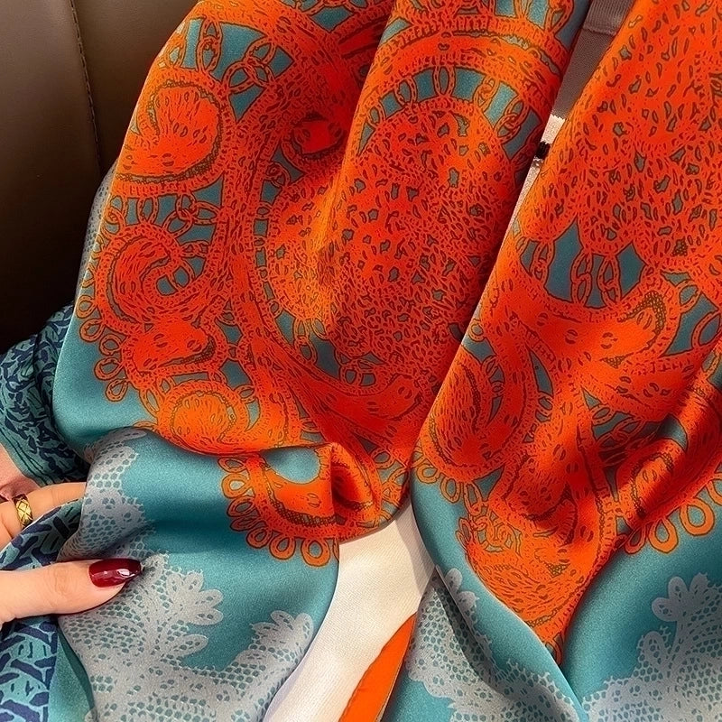 Classic Blue Orange Big Flower Simulation Silk Scarf Large Square Shawl