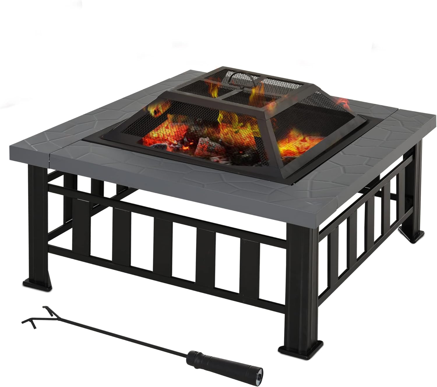 Outsunny 34' Outdoor Fire Pit Square Steel Wood Burning Firepit Bowl With Spark Screen. Waterproof Cover for Backyard. Camping. BBQ. Bonfire