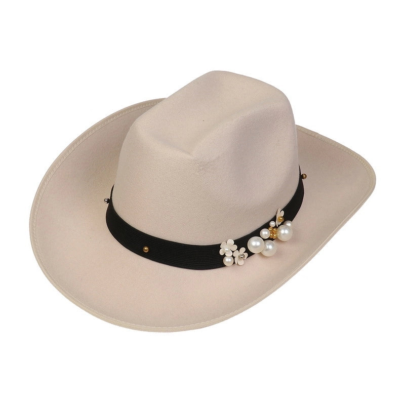 New Woolen Hat Western Denim Top Hat Men And Women Couple Hat Big Brim Curling Felt Hat