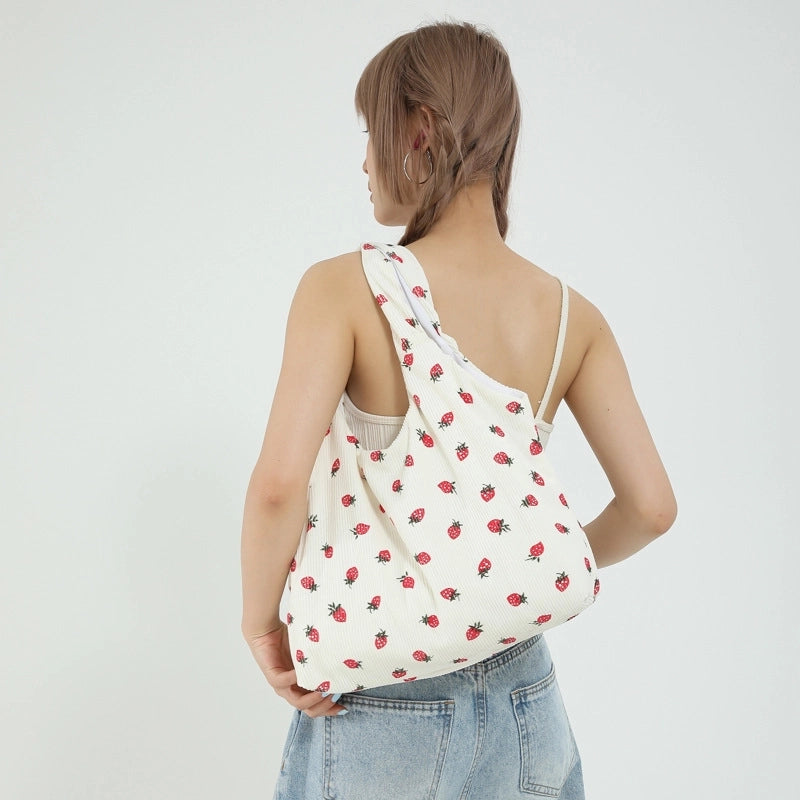 Women's Medium Canvas Flower Strawberry Basic Classic Style Zipper Tote Bag