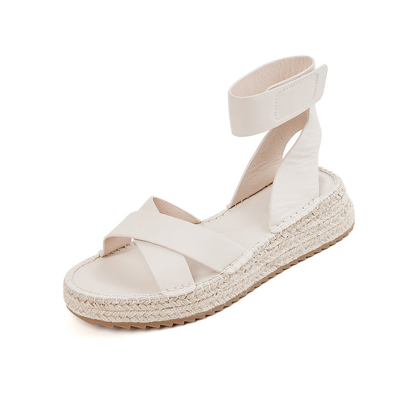 Summer Espadrille Platform Sandals Open Toe Cow Leather Wedge Sandals with Velcro Strap in Apricot Yellow/Beige/Black